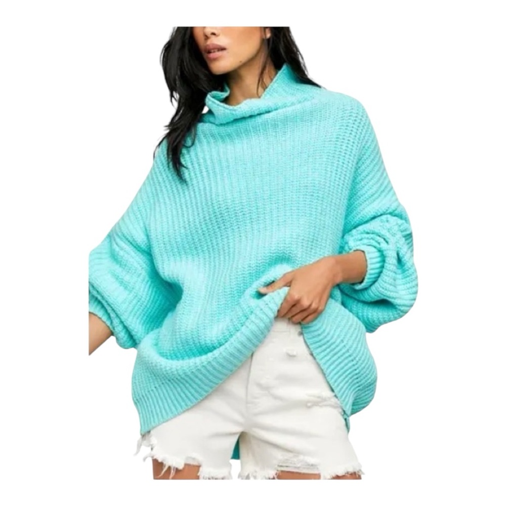 Free People Swim Too Deep Oversized turquoise sweater chunky turtleneck S